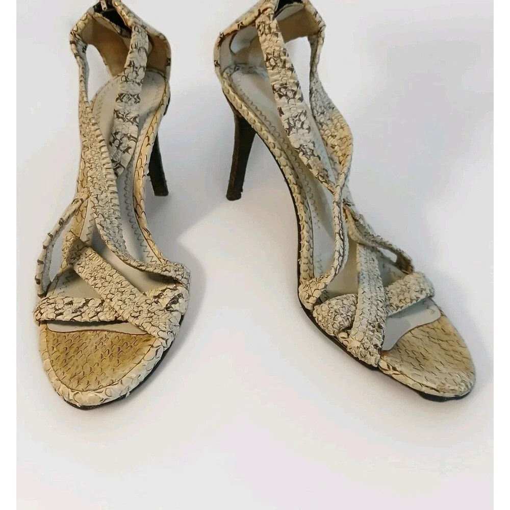 Burberry Snakeskin Embossed Leather Heels Sandals Zip Back Beige Brown US 6